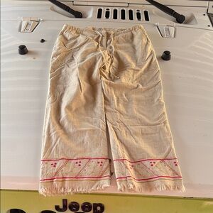 Laundry Brand Large Embellished Cream Embroidered Fringe Hem Casual Pants